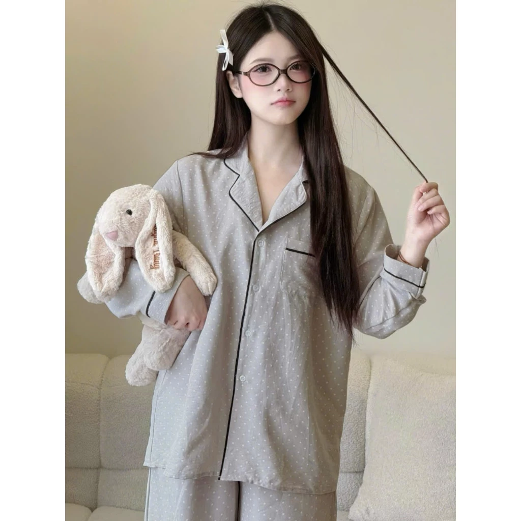 Maybee.Homedress Bộ Ngủ Dài Tay Chấm Bi Vuông Mờ Viền Đen Dáng Rộng – Mềm Mịn, Thoải Mái - Ảnh 3