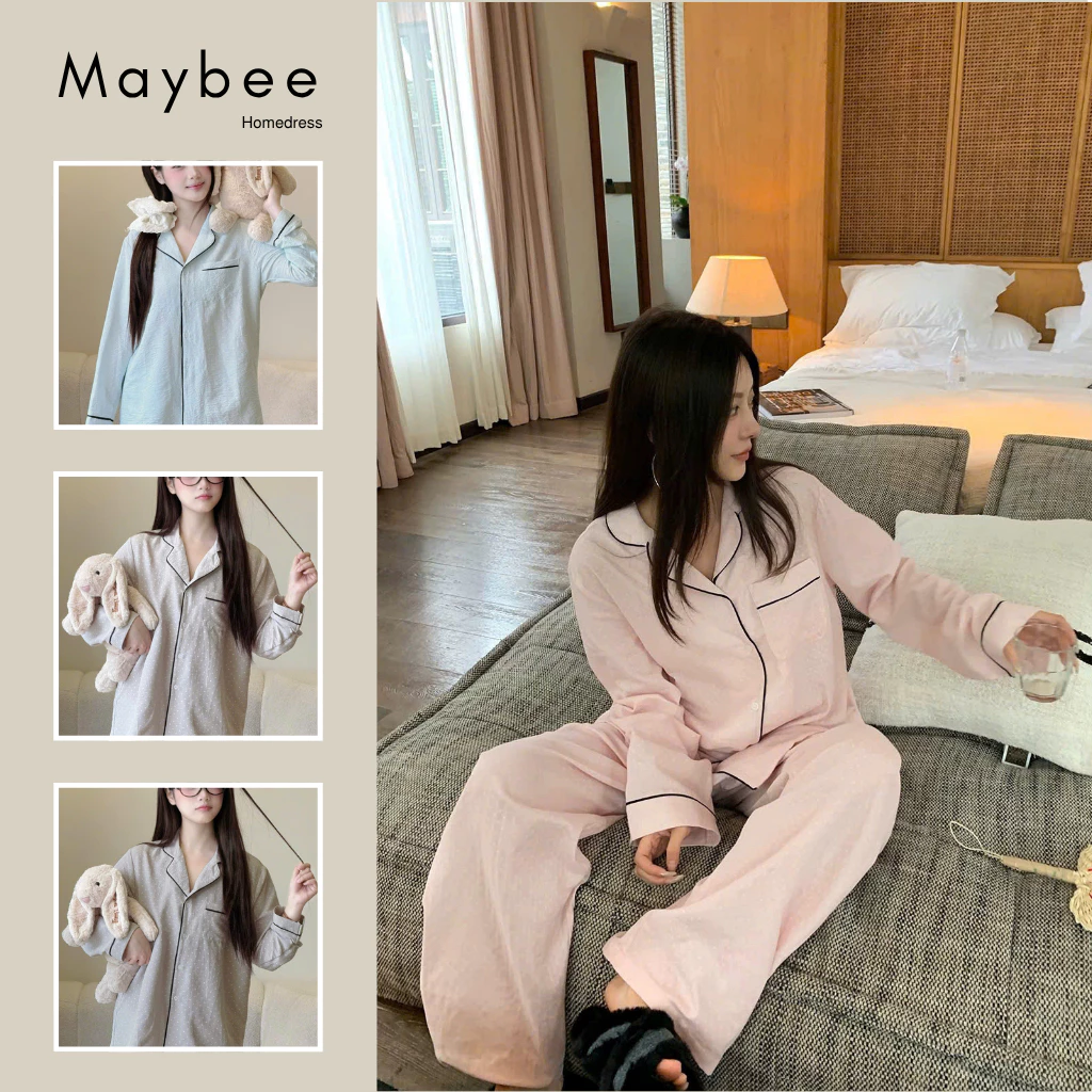 Maybee.Homedress Bộ Ngủ Dài Tay Chấm Bi Vuông Mờ Viền Đen Dáng Rộng – Mềm Mịn, Thoải Mái